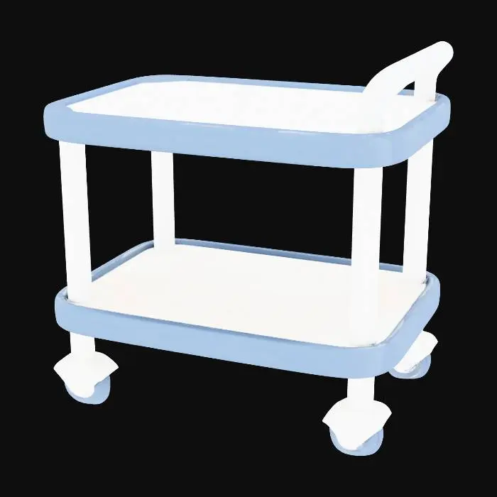 3D model for stylized premium instrument tray cart for clinic,
two shelves, small wheels, clean modern design,
rounded edges, minimal details,
single object, one material, game-ready for Unity,
clean topology, no small details, neutral lighting,
centered, no background