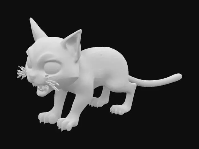 3D model for 1. 어둠의 세상에 놓여진 공포 그림체의 고양이야.
2. 눈알은 빨간색이고, 동공은 축소돼 있어.
3. 털 색상은 짙은 검은색이야.
4. 송곳니는 입술 밖으로 튀어나와있어.
