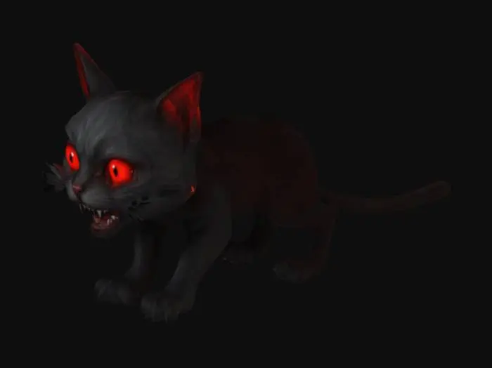 3D model for 1. 어둠의 세상에 놓여진 공포 그림체의 고양이야.
2. 눈알은 빨간색이고, 동공은 축소돼 있어.
3. 털 색상은 짙은 검은색이야.
4. 송곳니는 입술 밖으로 튀어나와있어.

