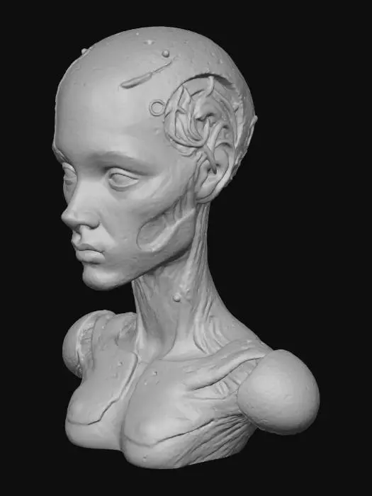 3D model for 컴퓨터 중앙관리 프로그램에 탑제될 ai의 머리. 사이보그 느낌이며 전선이 머리 밖으로 무분별하게 뻗어있음. Zdzisław Beksiński 스타일의 기괴하면서 압도적인 코즈믹호러 느낌의 사이보그. 상반신 없이 머리만 있음.