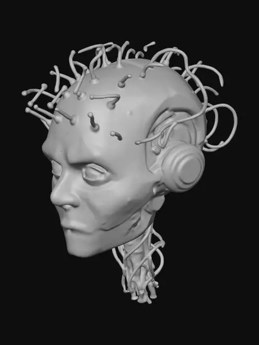 3D model for 컴퓨터 중앙관리 프로그램에 탑제될 ai의 머리. 사이보그 느낌이며 전선이 머리 밖으로 무분별하게 뻗어있음. Zdzisław Beksiński 스타일의 기괴하면서 압도적인 코즈믹호러 느낌의 사이보그. 상반신 없이 머리만 있음.