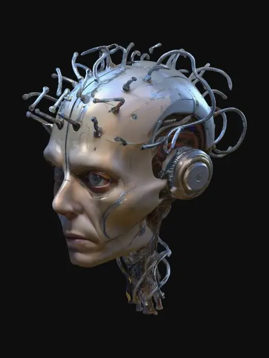 3D model for 컴퓨터 중앙관리 프로그램에 탑제될 ai의 머리. 사이보그 느낌이며 전선이 머리 밖으로 무분별하게 뻗어있음. Zdzisław Beksiński 스타일의 기괴하면서 압도적인 코즈믹호러 느낌의 사이보그. 상반신 없이 머리만 있음.