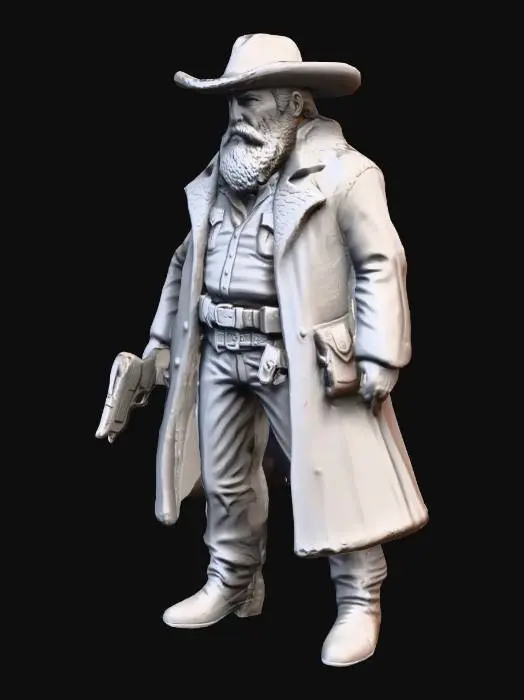3D model for 32 mm cowboy sheriff. old and tired with a beard. designed as a 3D printable tabletop miniature with thick parts and stable pose”