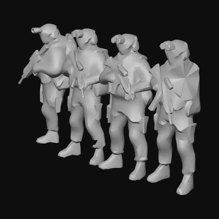 3D model for Create a realistic 3D low-poly / mid-poly game-ready model of a modern military recon squad (4 soldiers).
Style: realistic military, not stylized, not cartoon.
Engine target: Unity (HDRP/URP compatible).
Squad composition:
– 1 squad leader with assault rifle (M4 style), tactical headset, backpack with radio antenna
– 1 sniper with long rifle (modern sniper rifle with scope)
– 1 support gunner with light machine gun
– 1 scout with suppressed carbine and binoculars
Equipment details:
– modern camouflage uniform (multicam or digital camo)
– tactical vests with pouches
– knee pads
– gloves
– helmets with mounted night vision device
– realistic boots
– backpacks with gear
Poses:
– subtle tactical movement stance
– ready-for-combat posture
– natural proportions
Technical requirements:
– Separate