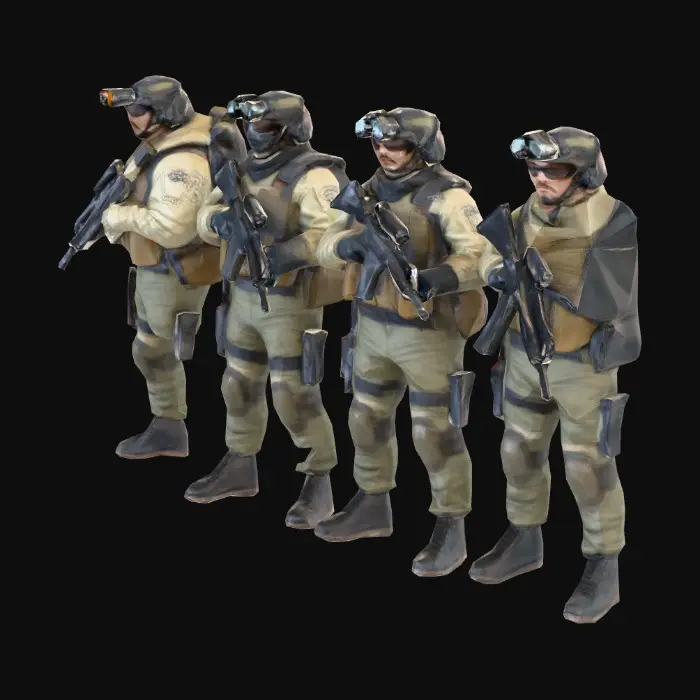 3D model for Create a realistic 3D low-poly / mid-poly game-ready model of a modern military recon squad (4 soldiers).
Style: realistic military, not stylized, not cartoon.
Engine target: Unity (HDRP/URP compatible).
Squad composition:
– 1 squad leader with assault rifle (M4 style), tactical headset, backpack with radio antenna
– 1 sniper with long rifle (modern sniper rifle with scope)
– 1 support gunner with light machine gun
– 1 scout with suppressed carbine and binoculars
Equipment details:
– modern camouflage uniform (multicam or digital camo)
– tactical vests with pouches
– knee pads
– gloves
– helmets with mounted night vision device
– realistic boots
– backpacks with gear
Poses:
– subtle tactical movement stance
– ready-for-combat posture
– natural proportions
Technical requirements:
– Separate