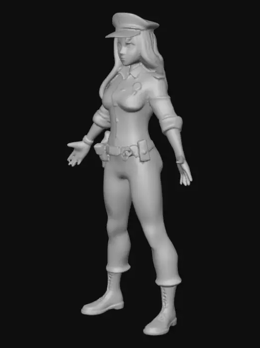 3D model for A cute, curvy redhead police woman with a confident, slightly mischievous "baddie" expression. She wears a form-fitting, crisp royal blue uniform, featuring polished gold buttons and a gleaming badge. Her vibrant red hair cascades over her shoulders. The uniform's fabric appears smooth and slightly structured, highlighting her feminine silhouette. Her skin is fair, suggesting a soft, smooth texture.