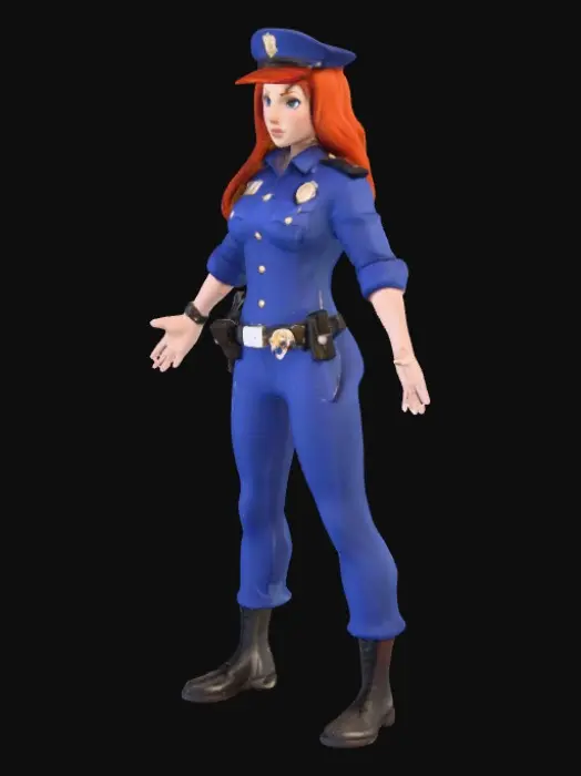 3D model for A cute, curvy redhead police woman with a confident, slightly mischievous "baddie" expression. She wears a form-fitting, crisp royal blue uniform, featuring polished gold buttons and a gleaming badge. Her vibrant red hair cascades over her shoulders. The uniform's fabric appears smooth and slightly structured, highlighting her feminine silhouette. Her skin is fair, suggesting a soft, smooth texture.