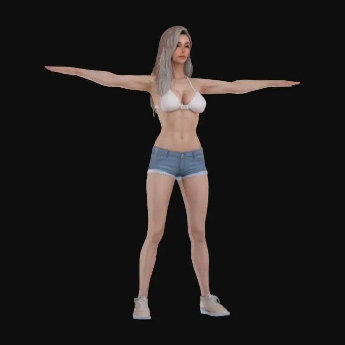 3D model for Cute stylish Women in white skin and with six packs and muscled body and 7 feet height in t-pose