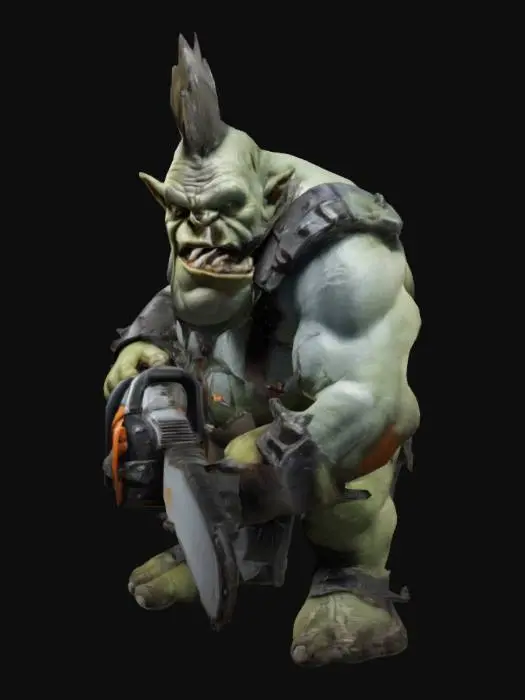 3D model for un ogro con una cresta en la cabeza y una motosierra en la mano