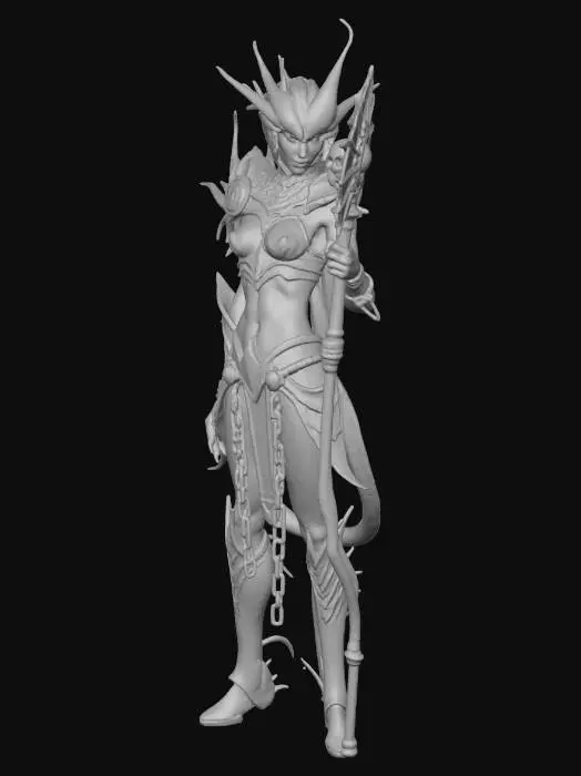 3D model for fantasy female humanoid creature, graceful and strong body curves, dressed in forged chains, holding a metal fan as a weapon, extremely detailed, high resolution texture, epic stance , Fantasy female humanoid creature, graceful and powerful body curves, wearing forged chains, holding a sword as a weapon, highly detailed, high-resolution texture, epic posture