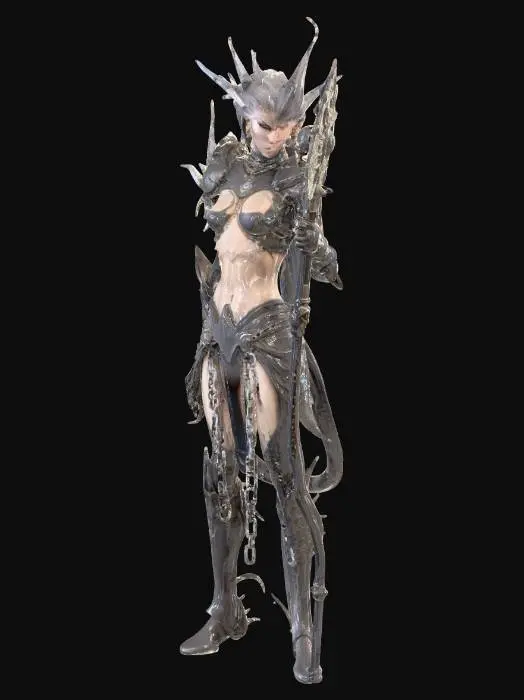 3D model for fantasy female humanoid creature, graceful and strong body curves, dressed in forged chains, holding a metal fan as a weapon, extremely detailed, high resolution texture, epic stance , Fantasy female humanoid creature, graceful and powerful body curves, wearing forged chains, holding a sword as a weapon, highly detailed, high-resolution texture, epic posture