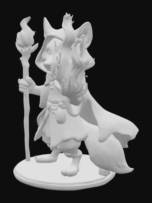 3D model for #PBR#, you are creating miniature figures for a table top game "Humble wood".  The next character that you are creating should be a vulpine sorcerer, standing on a medium sized character marker.  Use the reference image as needed.  The model should be holding a staff with crystal at the top, and flames in forward hand
