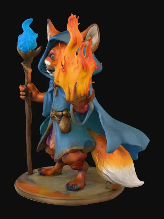 3D model for #PBR#, you are creating miniature figures for a table top game "Humble wood".  The next character that you are creating should be a vulpine sorcerer, standing on a medium sized character marker.  Use the reference image as needed.  The model should be holding a staff with crystal at the top, and flames in forward hand