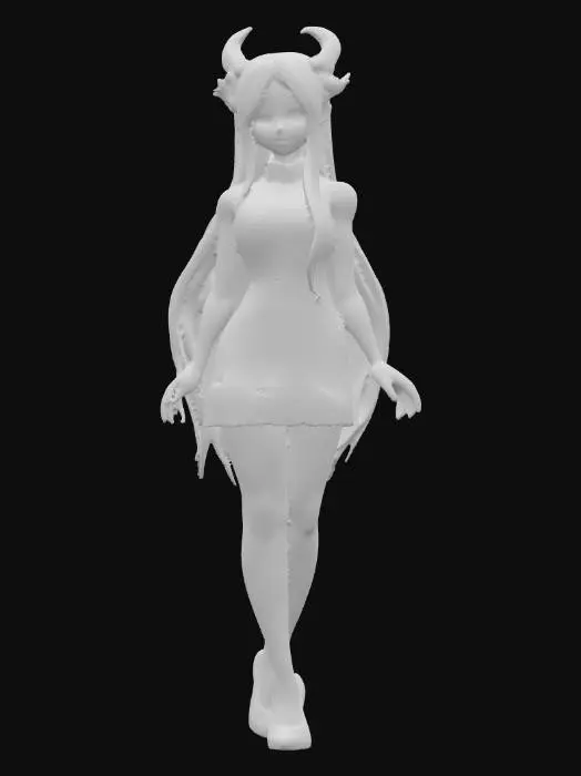 3D model for Wargame scale model, Oriental Beautiful Woman, pale white skin, long silver straight hair, dragon horn style tiara with large purple jewel in the center, light purple eyes, navy blue cheongsam dress with dragon symbol and short skirt that reveals thighs, black high heels, haughty expression, standing upright with right hand extended forward as if tempting,