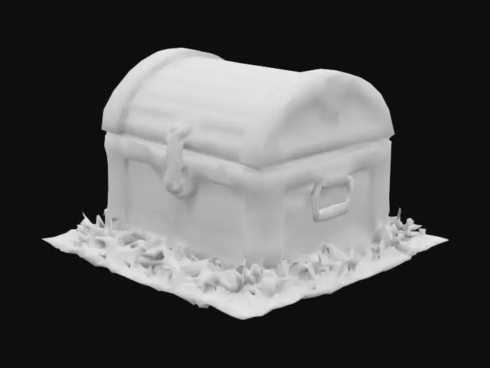 3D model for Create a highly detailed and realistic 3D model of an old, abandoned treasure chest. The chest should be weathered, with rusted metal hinges, faded engravings, and wooden planks that show signs of rot and wear. The lock should be partially broken, hanging loosely as if it hasn't been opened in centuries. Moss and vines should grow around the base, and small cobwebs should cling to the corners, giving it an abandoned, forgotten look. 