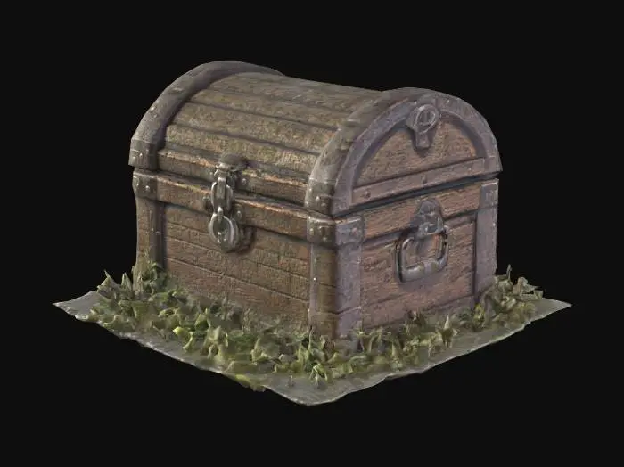 3D model for Create a highly detailed and realistic 3D model of an old, abandoned treasure chest. The chest should be weathered, with rusted metal hinges, faded engravings, and wooden planks that show signs of rot and wear. The lock should be partially broken, hanging loosely as if it hasn't been opened in centuries. Moss and vines should grow around the base, and small cobwebs should cling to the corners, giving it an abandoned, forgotten look. 
