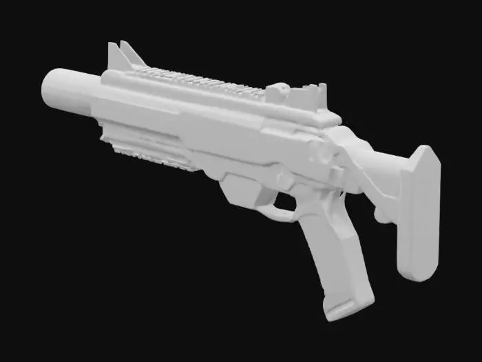 3D model for Ultra-detailed 3D model of a lightweight futuristic submachine gun with a sleek, compact design. The weapon features smooth, rounded contours with a minimalistic, ergonomic form. It has a polished silver body with glowing blue energy accents that match a high-tech exo-suit. The grip is integrated seamlessly into the frame, and the barrel is short with a built-in suppressor and subtle vents. A digital ammo display is embedded near the side, and the overall silhouette is streamlined, refined, and elegant — blending sci-fi military utility with advanced aesthetics. Ideal for a fast, agile female operator.