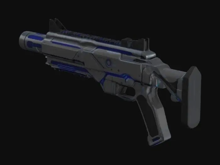 3D model for Ultra-detailed 3D model of a lightweight futuristic submachine gun with a sleek, compact design. The weapon features smooth, rounded contours with a minimalistic, ergonomic form. It has a polished silver body with glowing blue energy accents that match a high-tech exo-suit. The grip is integrated seamlessly into the frame, and the barrel is short with a built-in suppressor and subtle vents. A digital ammo display is embedded near the side, and the overall silhouette is streamlined, refined, and elegant — blending sci-fi military utility with advanced aesthetics. Ideal for a fast, agile female operator.
