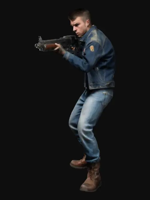 3D model for a rugged looking street ganger wearing and old jacket, jean and boots dynamically advancing while pointing a submachinegun