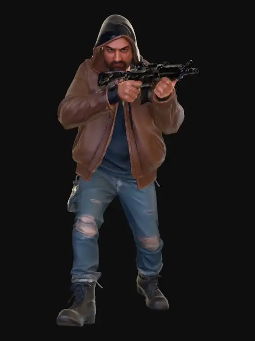 3D model for a rugged looking street ganger wearing and old jacket, jean and boots dynamically advancing while pointing a submachinegun.