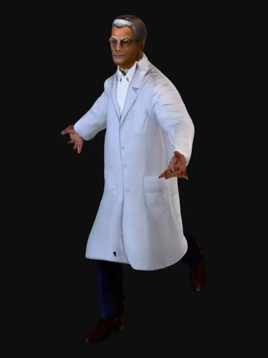 3D model for Ein schlanker, älterer amerikanischer Wissenschaftler, dessen Gesicht scharfe Züge und eine hohe Stirn aufweist, umrahmt von schulterlangem, seidig-grauem Haar mit einer leichten Welle. Er trägt eine filigrane, runde Drahtbrille mit dünnen Gläsern. Seine Haltung ist eine präzise T-Pose: Arme ausgestreckt, Handflächen nach unten, aufrecht stehend. Gekleidet ist er in einen tadellosen, dunkelgrauen Tweed-Anzug mit feiner Webstruktur, ein weißes Hemd und eine leuchtend rote Seidenkrawatte, die glatt fällt. Seine ledrigen Hände sind entspannt.