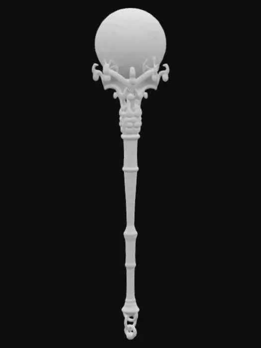 3D model for a long ancient alient staff with sigils or magical runes.  unreal engine quality.   Sci-Fi, Silver, Wood, Gemstone, Polished, Ultra Realistic, Highly Detailed
