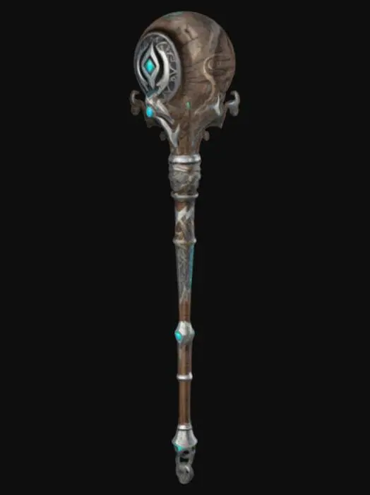 3D model for a long ancient alient staff with sigils or magical runes.  unreal engine quality.   Sci-Fi, Silver, Wood, Gemstone, Polished, Ultra Realistic, Highly Detailed
