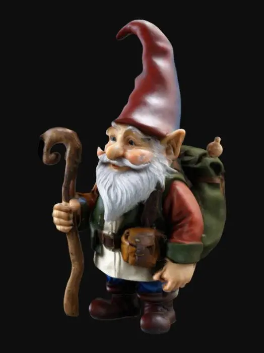 3D model for a traveling gome.  has a finely crafted walking stick and a backpack. 