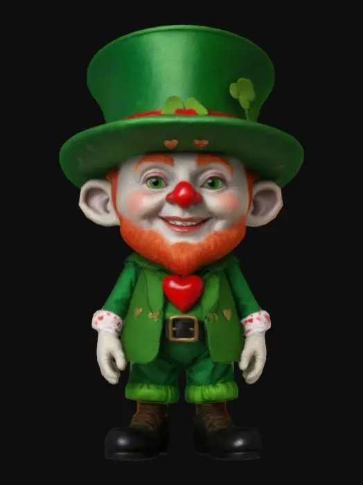 3D model for a leprachaun dressed for valentines day. His clovers are red and their is a red heart on the band around his hat. 