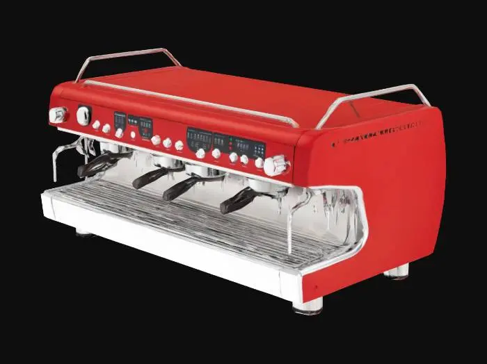 3D model for Modern commercial italian Espresso Machine with 5 groups. Red and innox materials. Modern knobs and buttons and pressue controls. Like Nuova Simonelli Appia LIFE Volumetric Espresso Machine