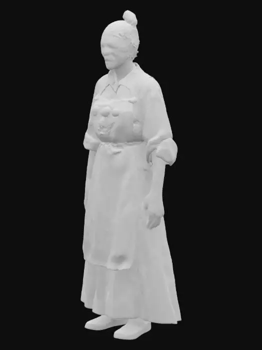 3D model for "Elderly woman character from the late 1990s to early 20000s, with a sinister and eerie vibe. Wears a faded floral dress or loose cardigan with old-fashioned slippers, layered with a worn apron. Pale, wrinkled skin, tired eyes with dark under-eye circles, and a cold, unsettling expression. Her grey hair is tied back in a tight bun. Slightly hunched posture. Subtle creepy elements like an old brooch with strange symbols, a shadowy aura, or faint lighting that suggests something supernatural. Urban home background implied, like an old apartment or a dimly lit kitchen. Dark color palette with muted tones."