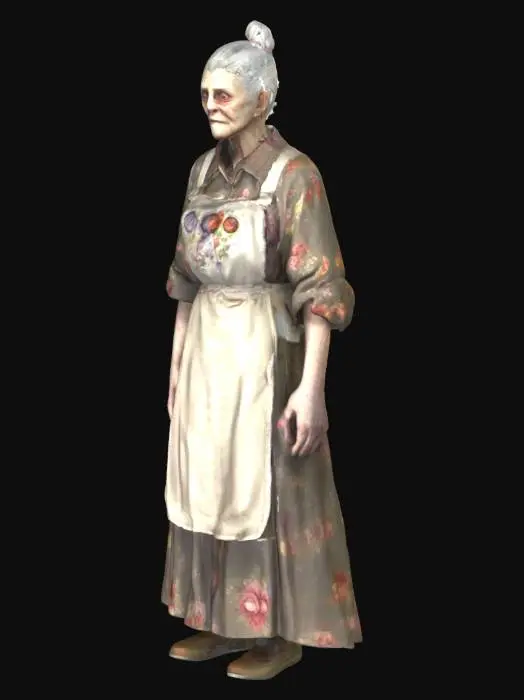 3D model for "Elderly woman character from the late 1990s to early 20000s, with a sinister and eerie vibe. Wears a faded floral dress or loose cardigan with old-fashioned slippers, layered with a worn apron. Pale, wrinkled skin, tired eyes with dark under-eye circles, and a cold, unsettling expression. Her grey hair is tied back in a tight bun. Slightly hunched posture. Subtle creepy elements like an old brooch with strange symbols, a shadowy aura, or faint lighting that suggests something supernatural. Urban home background implied, like an old apartment or a dimly lit kitchen. Dark color palette with muted tones."