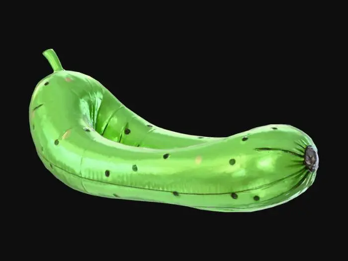 3D model for A massive, comically oversized pool float shaped like a pickle, designed to appear incredibly floppy and buoyant. It's crafted from thick, glossy green PVC vinyl, with a smooth, slightly tacky texture. The pickle's skin features subtle raised bumps and darker green specks, typical of a gherkin. Its inflatable structure gives it a soft, squishy tactile quality, making it seem effortlessly floaty and pliable.