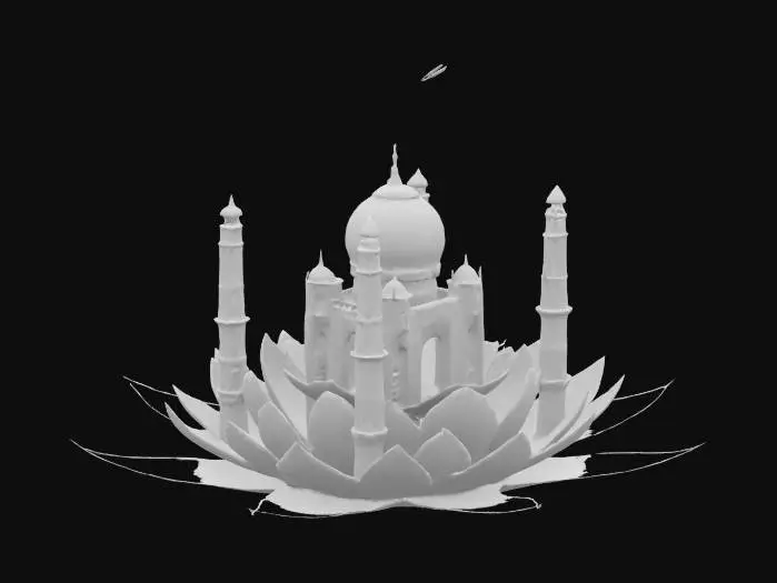 3D model for [India] A surreal version of the Taj Mahal entirely constructed from gently spinning lotus petals in shades of white, pink, and gold. The structure hovers above a tranquil lake, with petals occasionally drifting away and reforming. The minarets are made of glowing incense trails, and dragonflies with jeweled wings orbit the dome. #AroundTheWorld#