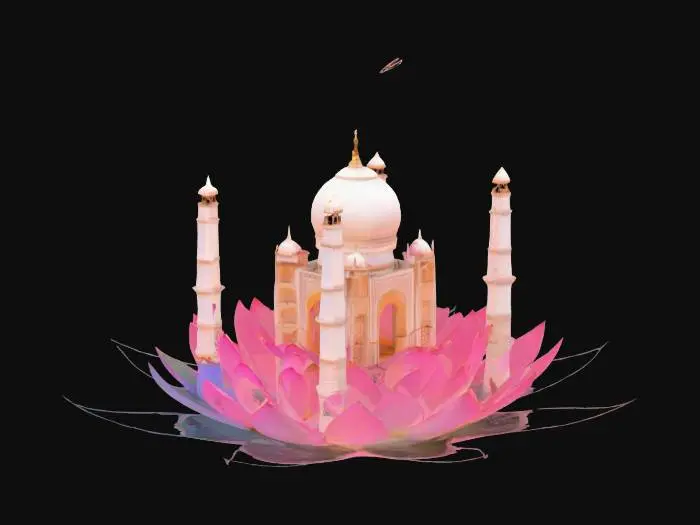 3D model for [India] A surreal version of the Taj Mahal entirely constructed from gently spinning lotus petals in shades of white, pink, and gold. The structure hovers above a tranquil lake, with petals occasionally drifting away and reforming. The minarets are made of glowing incense trails, and dragonflies with jeweled wings orbit the dome. #AroundTheWorld#