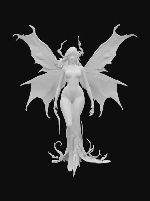 3D model for #fairy#, A fiery fairy with a detailed face whose wings look as though they’re formed from molten rock, with bright, glowing veins of lava. Her obsidian skin shows cracks that pulse with a red-hot glow, and embers dance around the edges of her long, flowing hair.