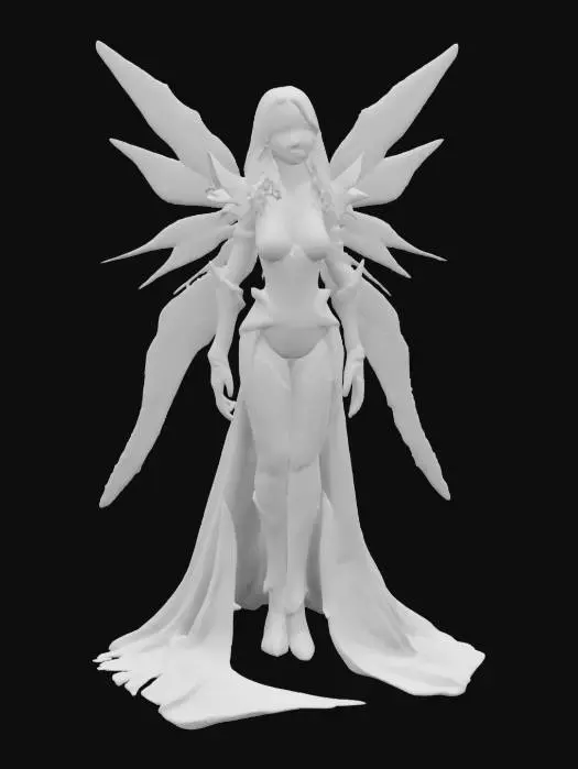 3D model for #fairy#, A chilling fairy with a detailed face and smooth, crystalline wings reminiscent of sculpted ice. Her fitted armor showcases frosty patterns that shimmer with refracted light, and her cool-toned hair appears tipped with silvery, icicle-like strands.