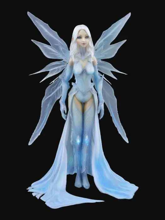 3D model for #fairy#, A chilling fairy with a detailed face and smooth, crystalline wings reminiscent of sculpted ice. Her fitted armor showcases frosty patterns that shimmer with refracted light, and her cool-toned hair appears tipped with silvery, icicle-like strands.