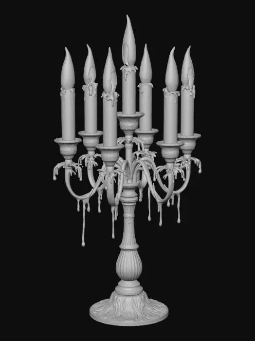 3D model for #Halloween2025#, A haunted candelabra, the base is a skeletal hand rising from a table, holding melting black candles with green flames.