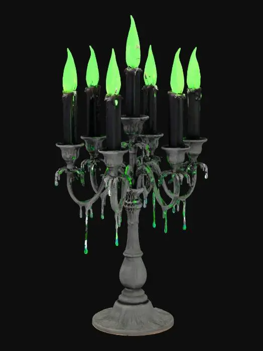 3D model for #Halloween2025#, A haunted candelabra, the base is a skeletal hand rising from a table, holding melting black candles with green flames.