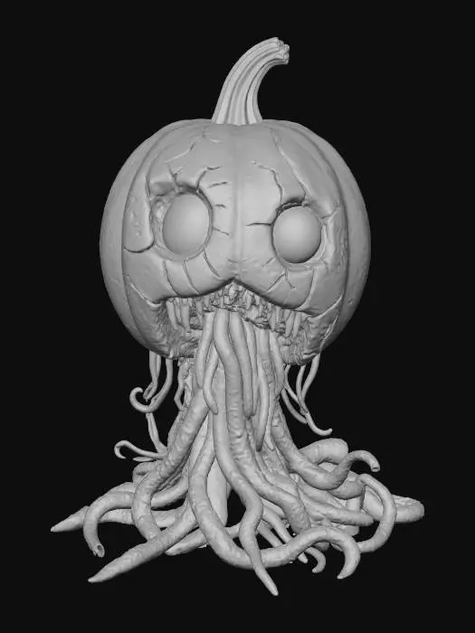 3D model for #Halloween2025#, A Lovecraftian horror emerging from a cracked, rotting pumpkin, body made of tentacles and eyes, cosmic horror style.