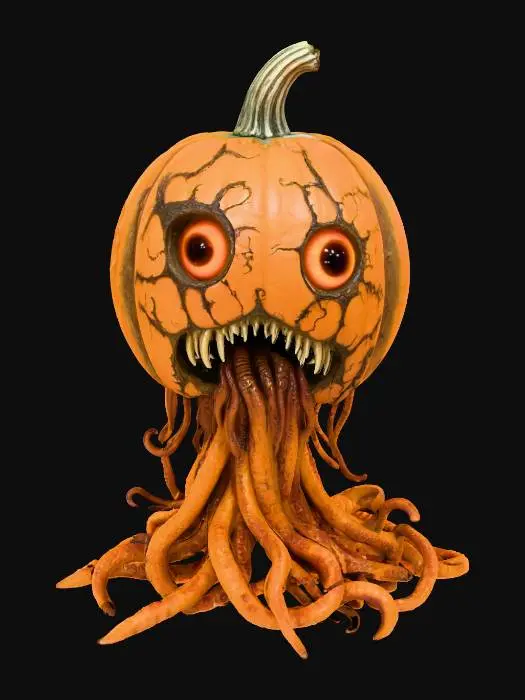 3D model for #Halloween2025#, A Lovecraftian horror emerging from a cracked, rotting pumpkin, body made of tentacles and eyes, cosmic horror style.