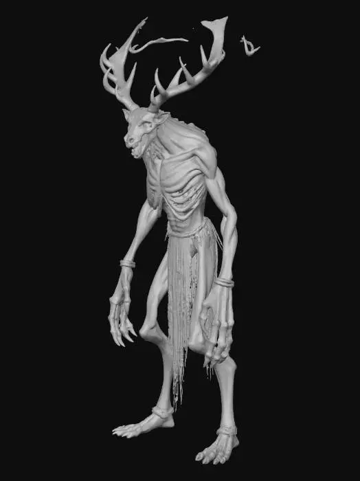 3D model for #Halloween2025#, A Wendigo, an emaciated creature with a deer skull for a head, elongated limbs, and matted fur, photorealistic, horror.