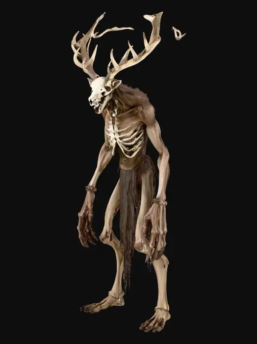 3D model for #Halloween2025#, A Wendigo, an emaciated creature with a deer skull for a head, elongated limbs, and matted fur, photorealistic, horror.