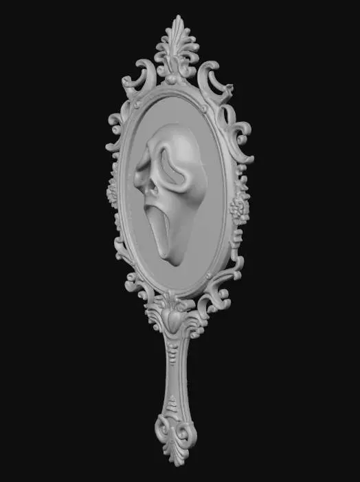 3D model for #Halloween2025#, A haunted silver hand-mirror, ornate Victorian frame, the glass shows a screaming ghostly face trapped within, realistic.