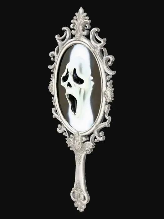 3D model for #Halloween2025#, A haunted silver hand-mirror, ornate Victorian frame, the glass shows a screaming ghostly face trapped within, realistic.