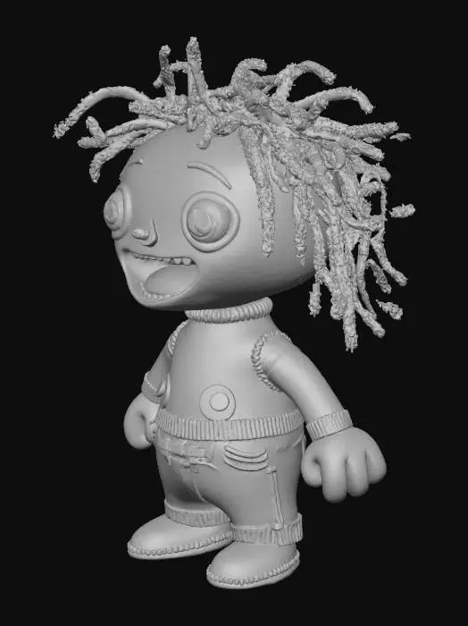 3D model for #Halloween2025#, A "Stitched Abomination," a Frankenstein-like creature made of mismatched plush toy parts, with button eyes and yarn hair, creepy-cute style.