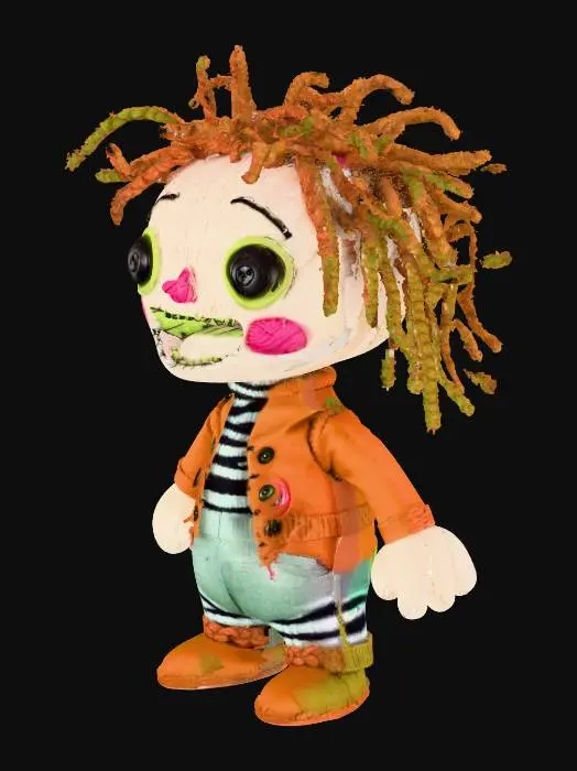 3D model for #Halloween2025#, A "Stitched Abomination," a Frankenstein-like creature made of mismatched plush toy parts, with button eyes and yarn hair, creepy-cute style.