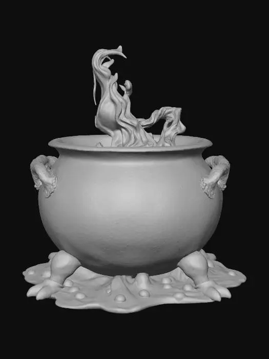 3D model for #Halloween2025#, A sentient, bubbling cauldron with clawed iron feet, walking, spilling a glowing green potion, stylized, fantasy.