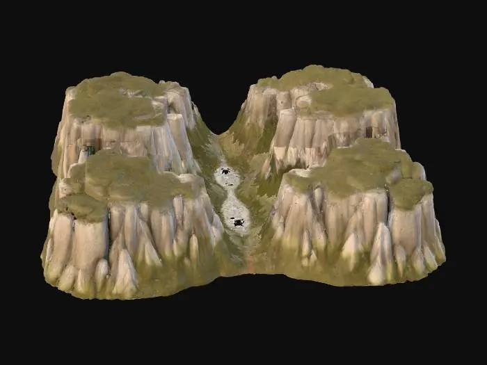 3D model for Eine ausgedehnte, felsige Landschaftsbasis mit sanften Erhebungen und Vertiefungen, die ein weites Tal formen. Im Hintergrund erhebt sich eine majestätische Bergkette mit schroffen, grauen Gipfeln, deren Felsflächen eine raue, erodierte Textur aufweisen. Der Vordergrund ist durch ein tiefes Tal gekennzeichnet, das von einer markanten, gewundenen Spalte durchzogen wird, deren glatte, ausgewaschene Kanten auf zukünftiges Wasser hindeuten. Die Erdoberfläche zeigt erdige Brauntöne und Grüntöne, durchsetzt mit kargen Felsen.
